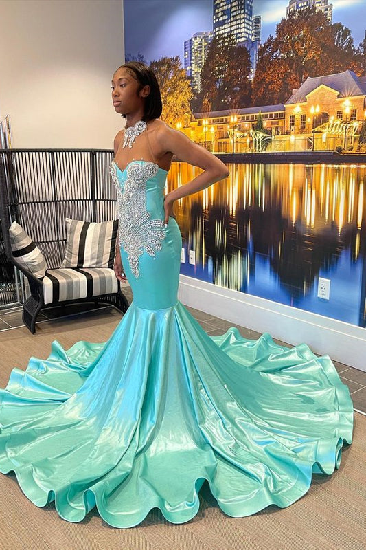 Green Halter Sleeveless Mermaid Prom Dress Floor Length with Rhinestone