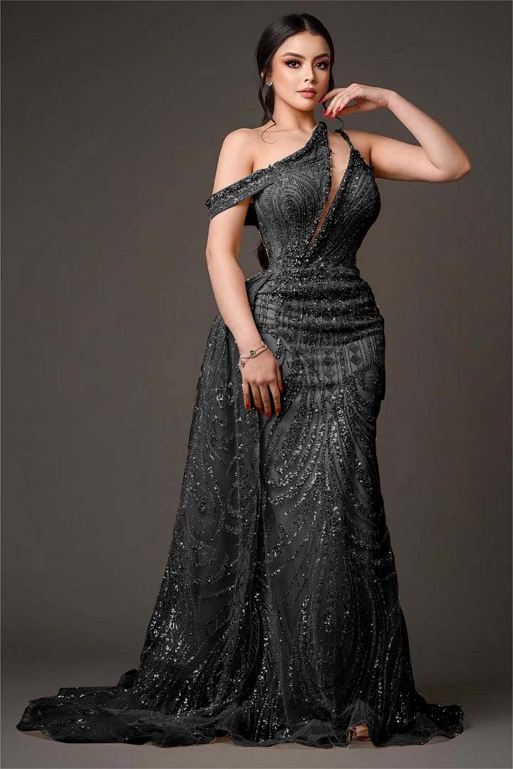 Light Gold One Shoulder Sheath Prom Dress Off-the-Shoulder with Sequins - liymcdress