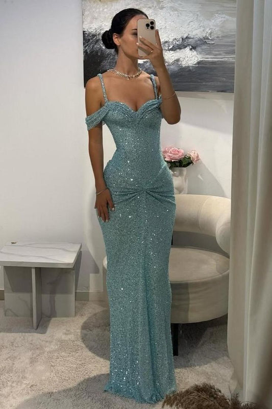 Sparkly Aqua Blue Off-Shoulder Long Beaded Prom Gown with Slender Straps,AST2301