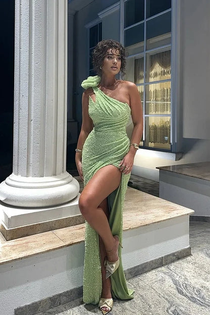 Green Sleeveless Asymmetric Sequins Beadeds Handmade Flower Prom Dress - liymcdress