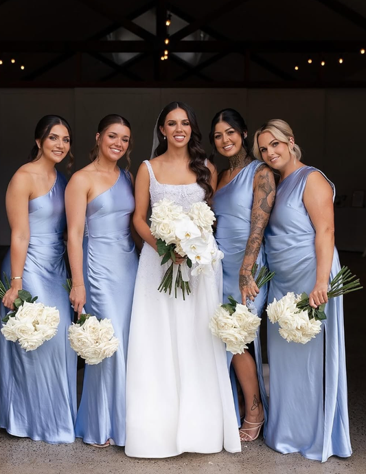 Pretty Sheath One Shoulder Baby Blue Satin Bridesmaid Dress Evening Dress with Slit SH3204