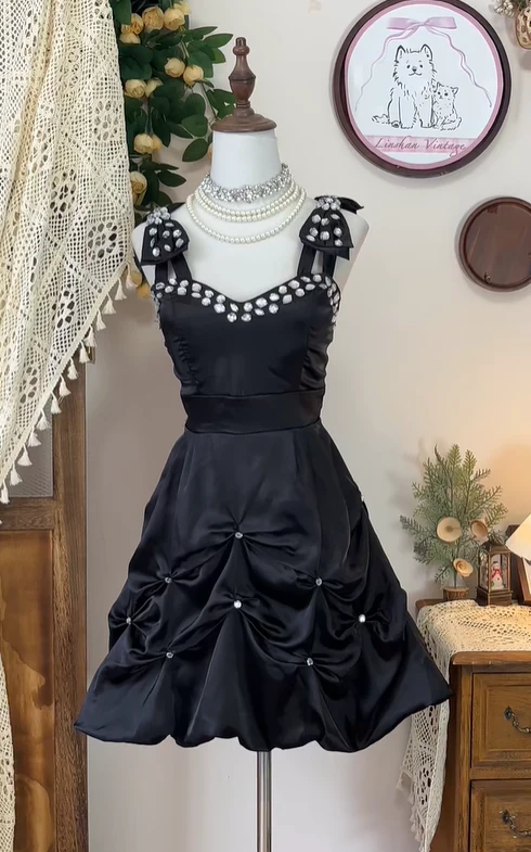 Vintage Satin Beaded Pleated A Line Homecoming Dress Black Birthday Dress Cocktail Dress Y8878