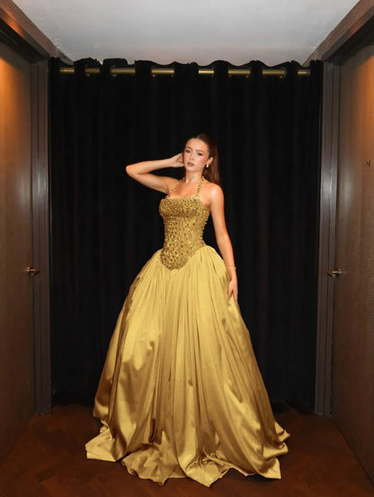 Light Gold Halter Pleated A Line Prom Dress with Rhinestone - liymcdress
