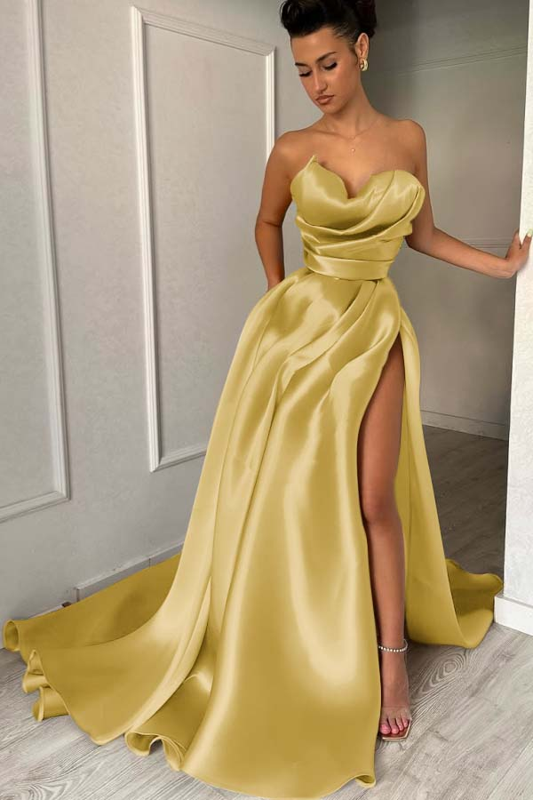 Glamorous Gold Strapless Sweetheart Prom Dress with Split - liymcdress