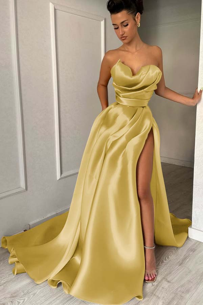 Glamorous Gold Strapless Sweetheart Prom Dress with Split - liymcdress
