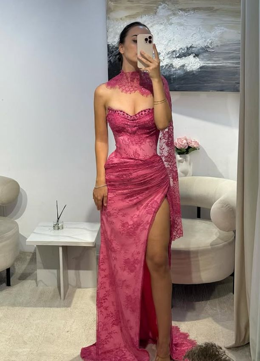 Pink Lace Prom Dress Sweetheart Neck Evening Dress With Slit  fg8226