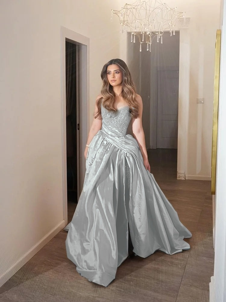 Light Gold Strapless Sleeveless Pleated A Line Prom Dress with Beaded - liymcdress