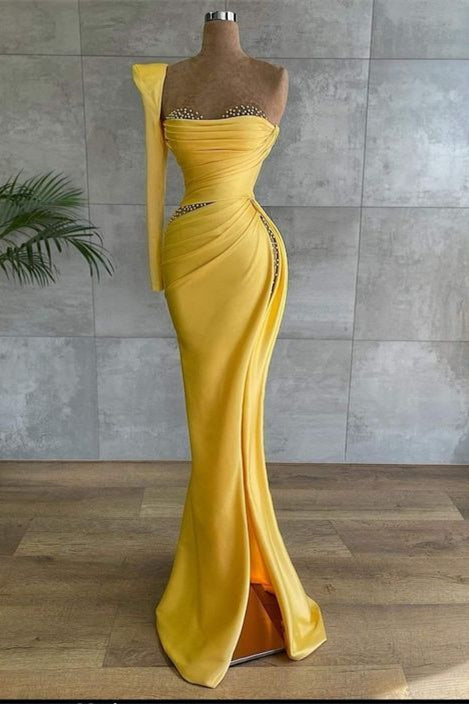 Yellow Asymmetrical Prom Dress with Beads - liymcdress