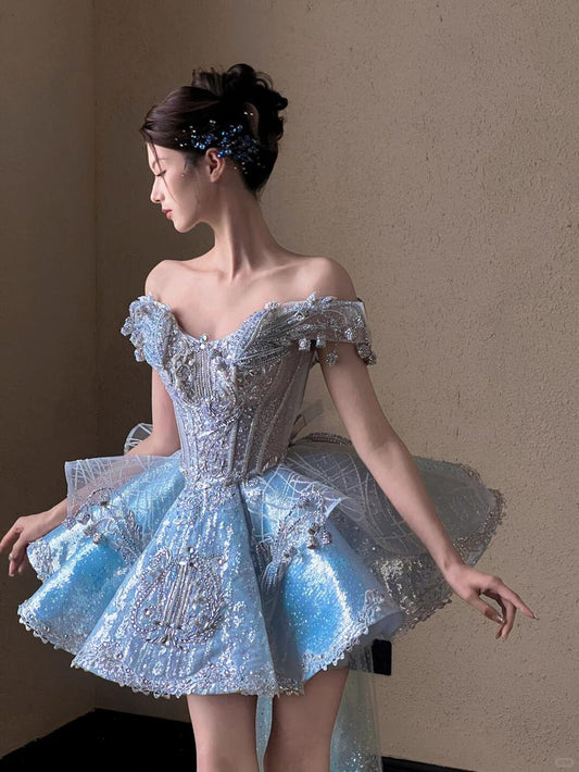 Blue A Line Off the Shoulder Exquisite Beaded Sequin Short Homecoming Dress SH5033