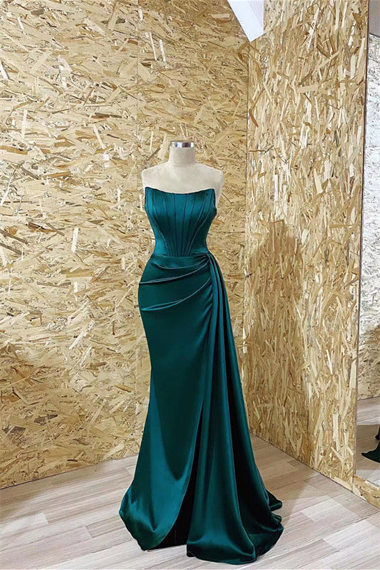 Elegant Dark Green Strapless Boat Neck Mermaid Prom Dress with Pleated
