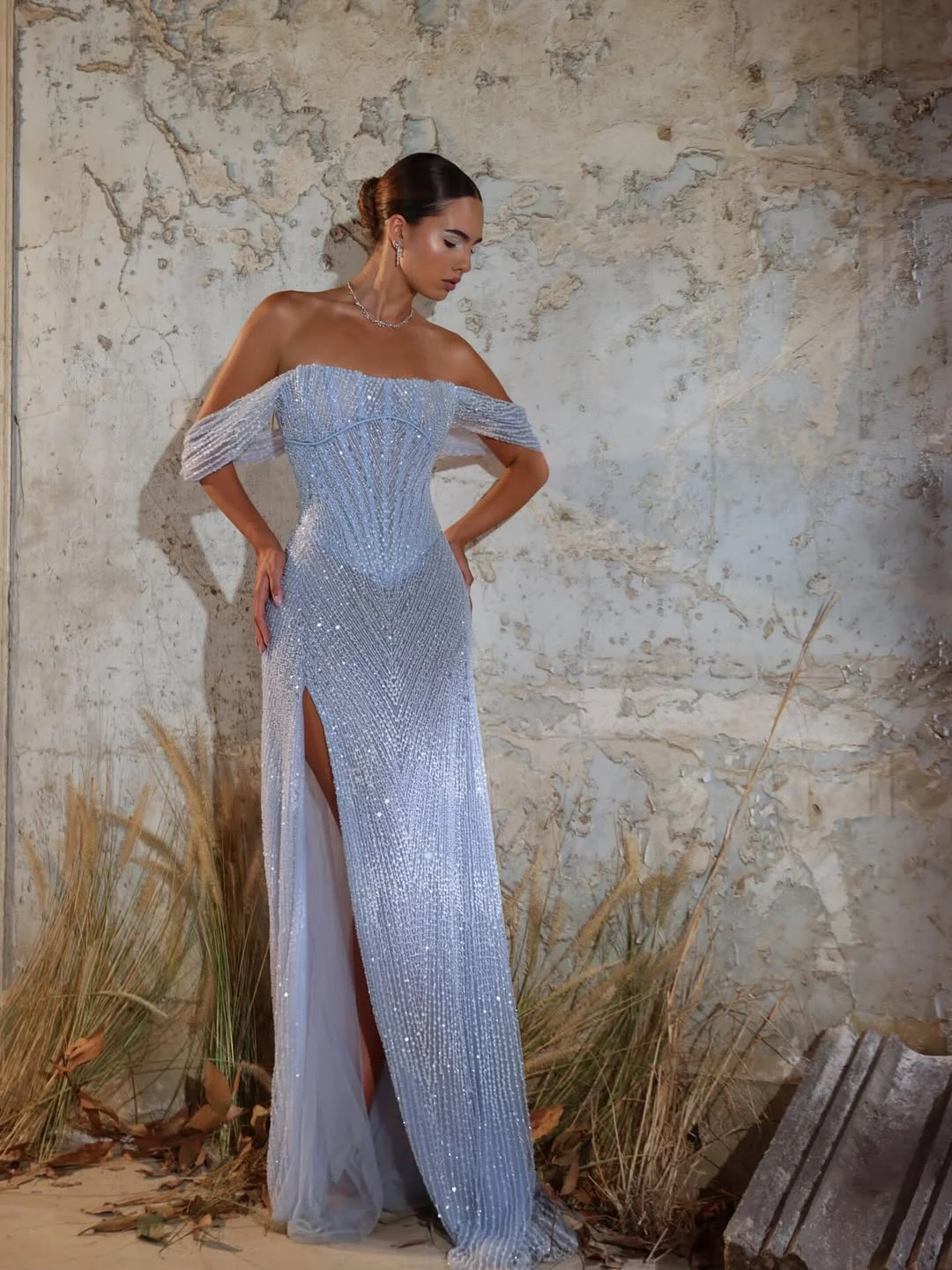 Purple Strapless Off-the-Shoulder Sheath Prom Dress with Sequins Train - liymcdress