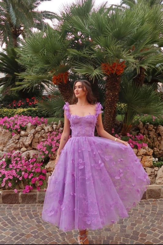 Purple Butterflies Appliques Square Tulle Prom Dress Long A-Line sleeveless QL0014