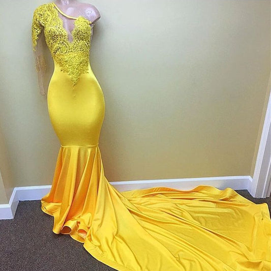 Yellow One Shoulder Long Sleeve Mermaid Prom Dress with Appliques - liymcdress