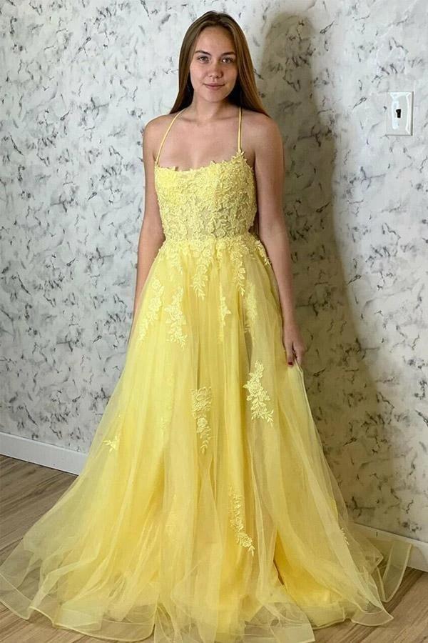 Yellow Lace Appliques Long Halter Tulle Prom Dress - liymcdress