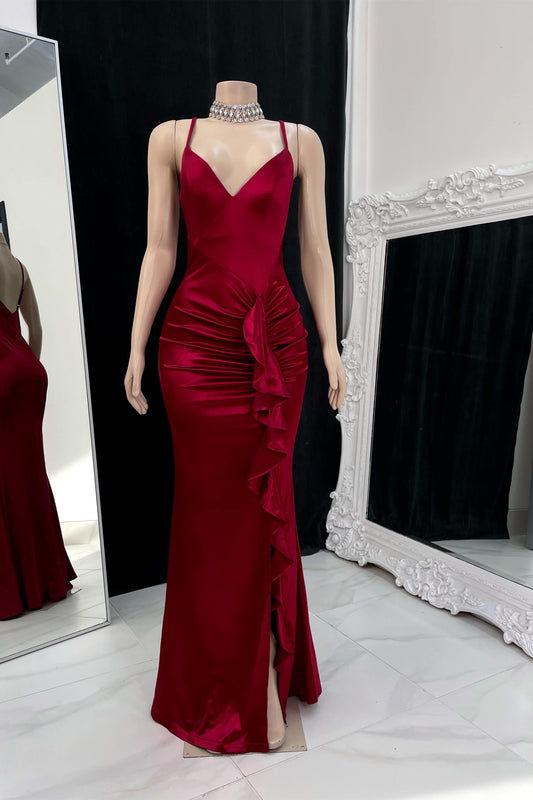 Burgundy Spaghetti Strap V-Neck Mermaid Prom Dress with Backless