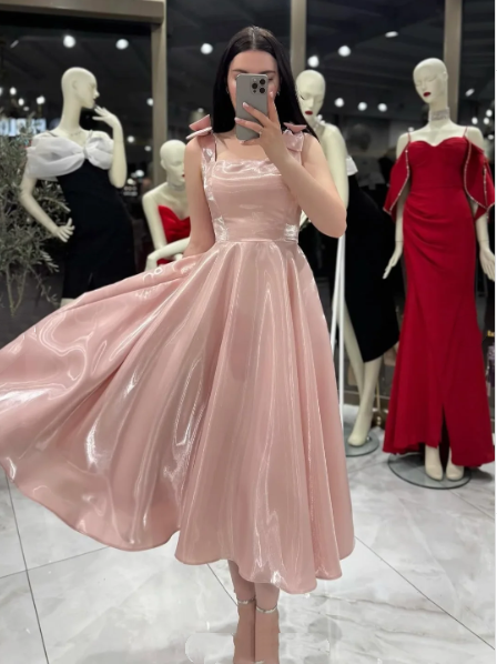 Pretty Pink Spaghetti Straps Satin A Line Long Party Dress Bridesmaid Dress SP30