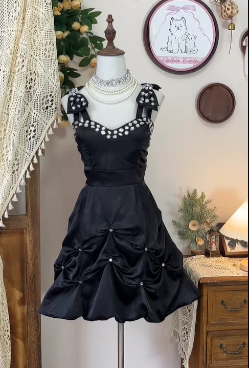 Vintage Satin Beaded Pleated A Line Homecoming Dress Black Birthday Dress Cocktail Dress Y8878