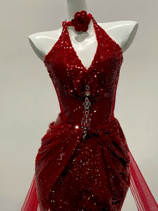 Sparkly Halter V Neck Sequin High Slit Long Evening Dress Red Prom Dress Y9470