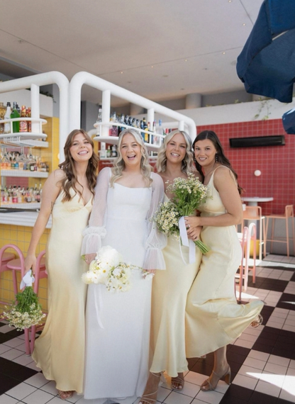 Simple Sheath Spaghetti Strap Light Yellow Satin Long Bridesmaid Dress Evening Dress SH3202