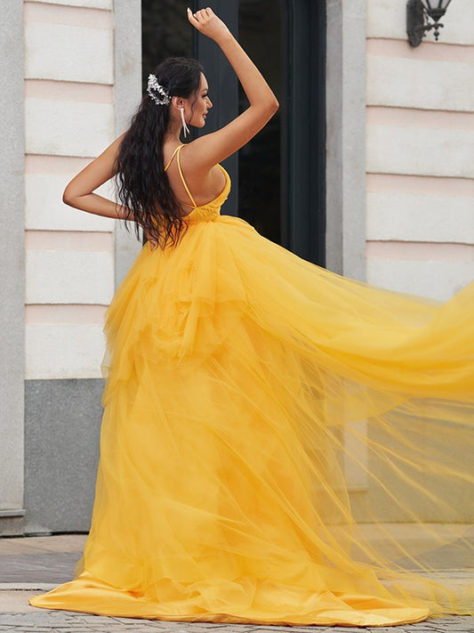 Yellow V Neck Spaghetti-Strap High-Lo Tulle Prom Dress - liymcdress