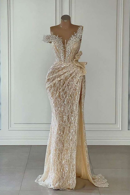 Unique Beaded Gold Mermaid Prom Dress with Slit _ liymcdress
