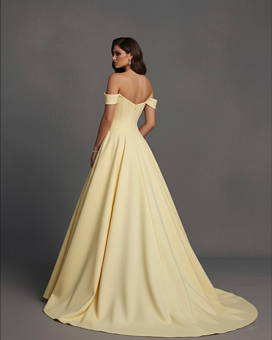 Yellow Strapless Off-the-Shoulder A Line Prom Dress with Pleats - liymcdress