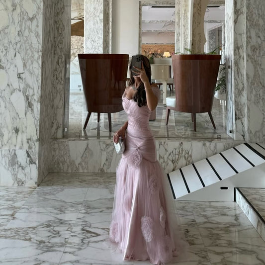 Pink Off-Shoulders V-Neck Prom Dress Sheer with Handmade Flower - liymcdress