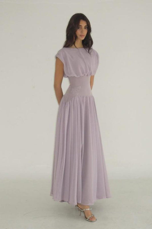 Elegant Lilac Chiffon Jewel Neck Short Sleeves High Waist Long Prom Dress with Beadings | Liymcdress