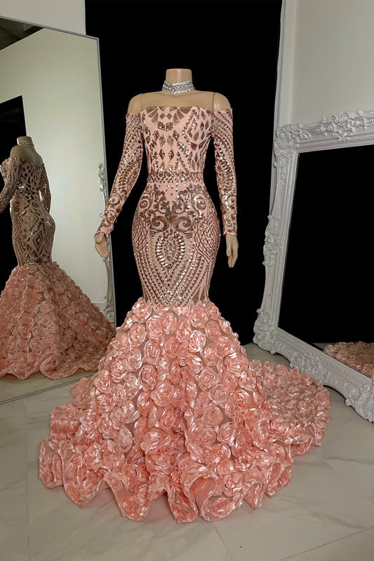 Fashion Pink Long Sleeve Straight Across Prom Dress Mermaid with Flower