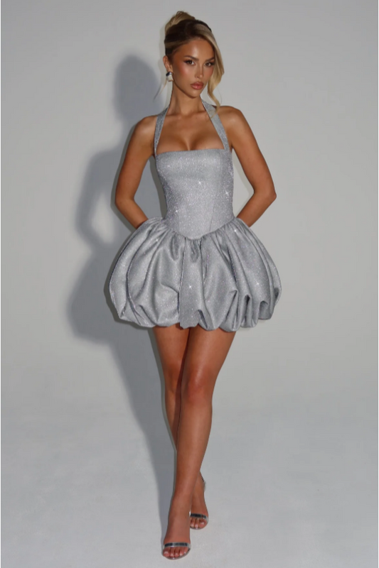 Luxurious Silver Glitter Halter Neck Sleeveless Ball Gown Prom Dress - liymcdress