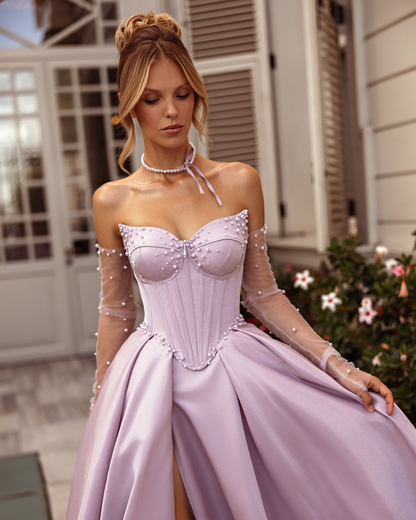 Pueple Sweetheart Split A Line Prom Dress with pearl - liymcdress