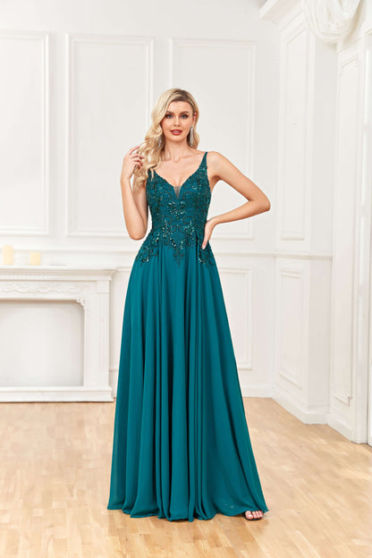 Liymcdress A Line Long Prom Dresses V Neck Sleeveless Elegant Evening Party Dress With Appliques