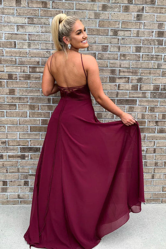 A-Line Burgundy Long Bridesmaid Dress with Tie Back/Formal Wear Dresses