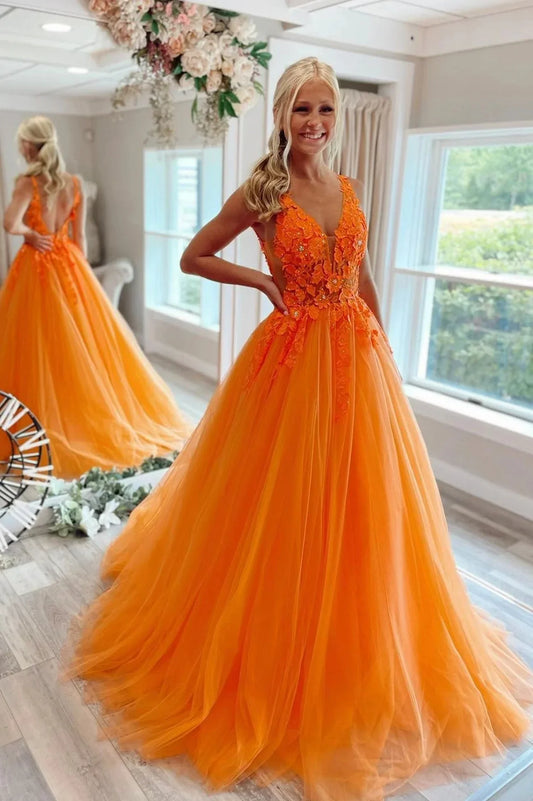 A-Line Tulle Floral Orange Prom Dresses Long Birthday Dress,AST940