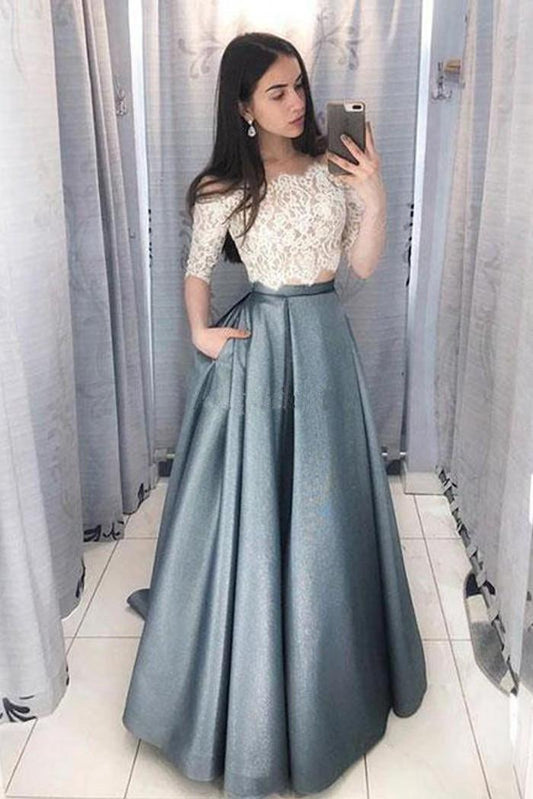 Two Piece Off Shoulder Half Sleeves Prom Dress With Lace Top PG969