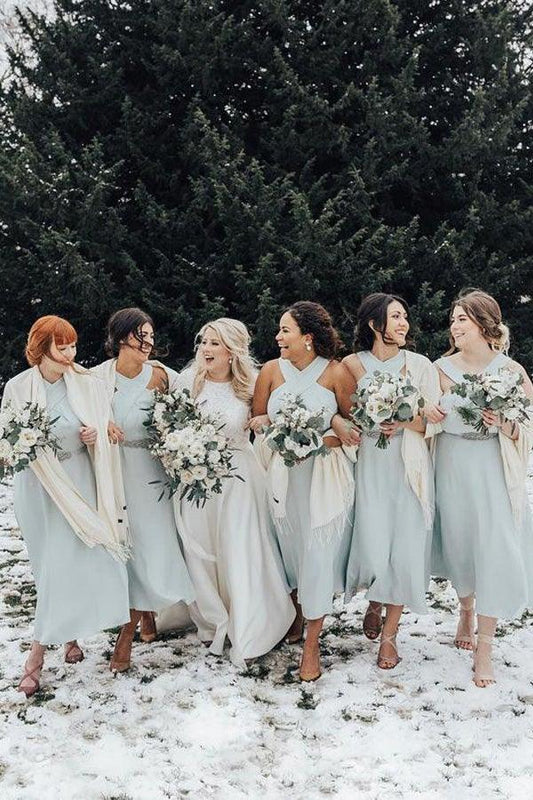 A-line Halter Pleated Chiffon Sleeveless Tea Length Bridesmaid Dress  BD085