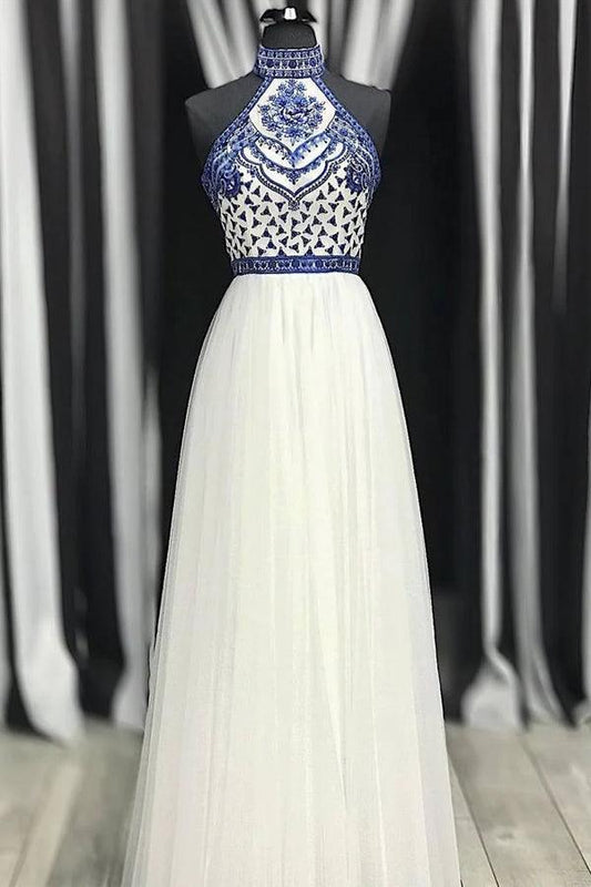 A Line Off White Halter Prom Dress Long Formal Dress  PG970