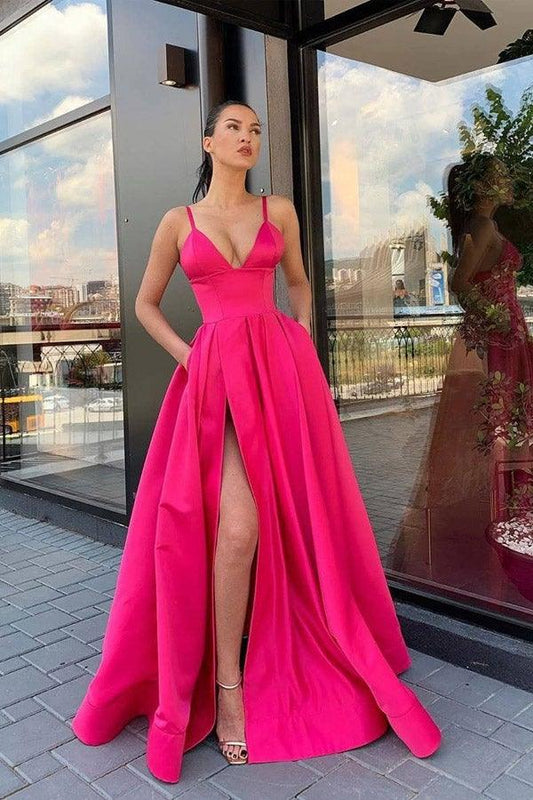 Simple A Line Satin Split Hot Pink Prom Dress Party Dress PSK045