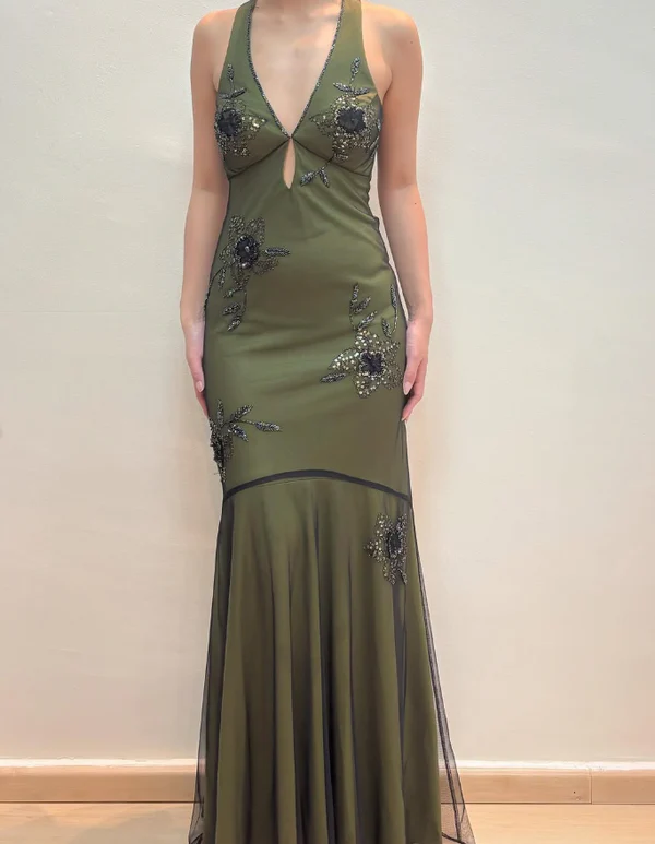 Vintage Halter Satin Beaded Mermaid Evening Dress,Sexy Backless Green Prom Dress Y8228