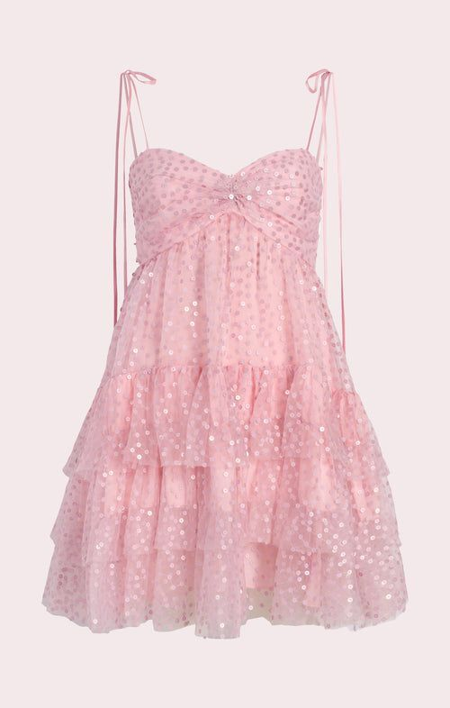 Pretty Pink Tulle Sequin A Line Short Birthday Dress Spaghetti Straps Layered Homecoming Dress S620