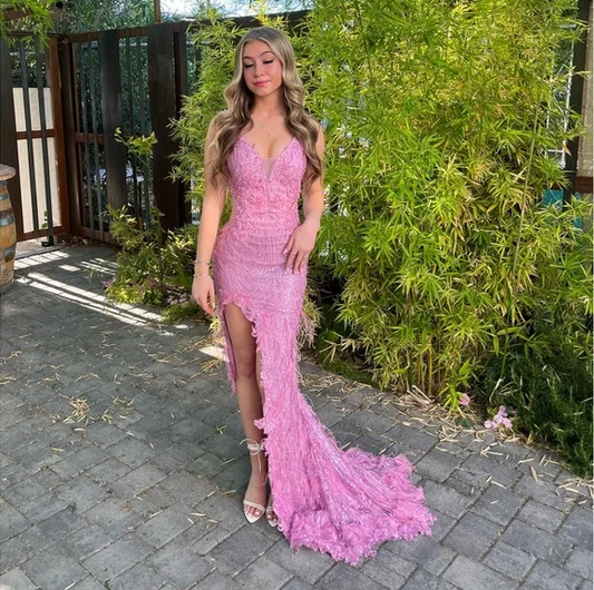 Luxurious Pink Sequins Lace Feathers Mermaid Evening Dress Slit Prom Dress Y7872