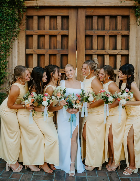 Backless A Line Round Neck Light Yellow Satin Long Bridesmaid Dress Evening Dress with Slit SH3274