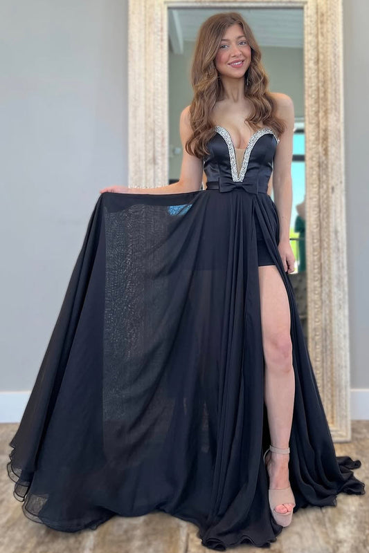 Black Chiffon Gown with Deep V Neckline and Sparkling Beaded Slit Prom Dress
