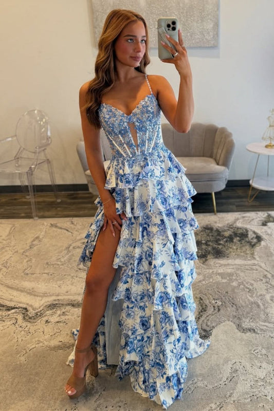 Blue Floral Spaghetti Straps Ruffle High-Slit Prom Dress with Lace Bodice