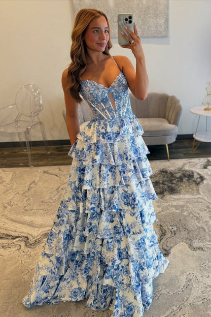 Blue Floral Spaghetti Straps Ruffle High-Slit Prom Dress with Lace Bodice