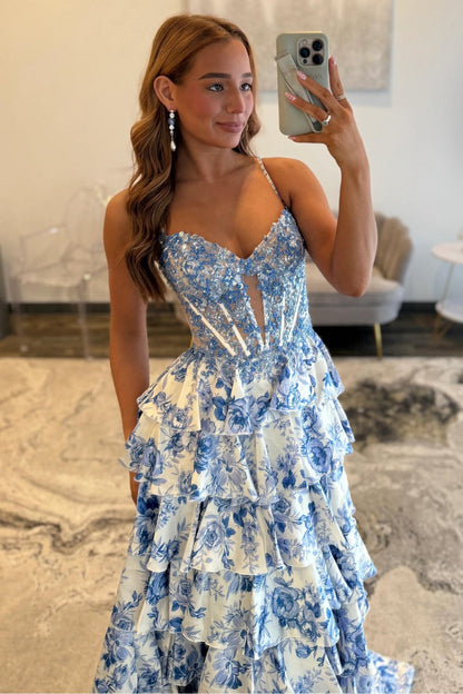 Blue Floral Spaghetti Straps Ruffle High-Slit Prom Dress with Lace Bodice