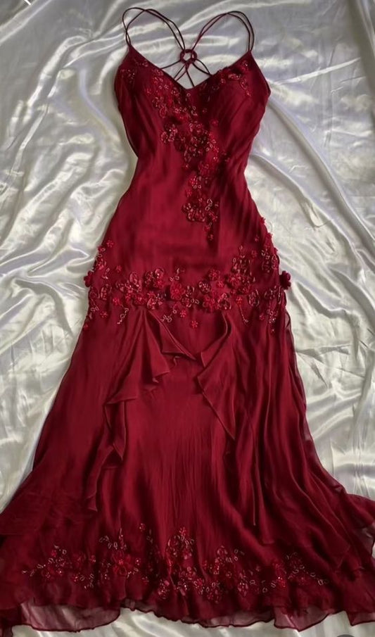 Burgundy Chiffon Floral Prom Dresses Cross Back Mermaid Evening Party Dress,LTP4278