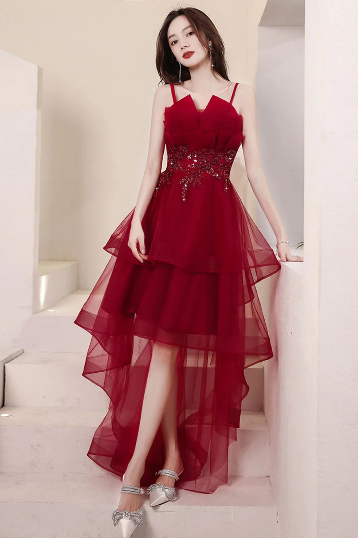 Burgundy High Low Tulle Prom Dresses, Wine Red Short High Low Formal Homecoming Dresses