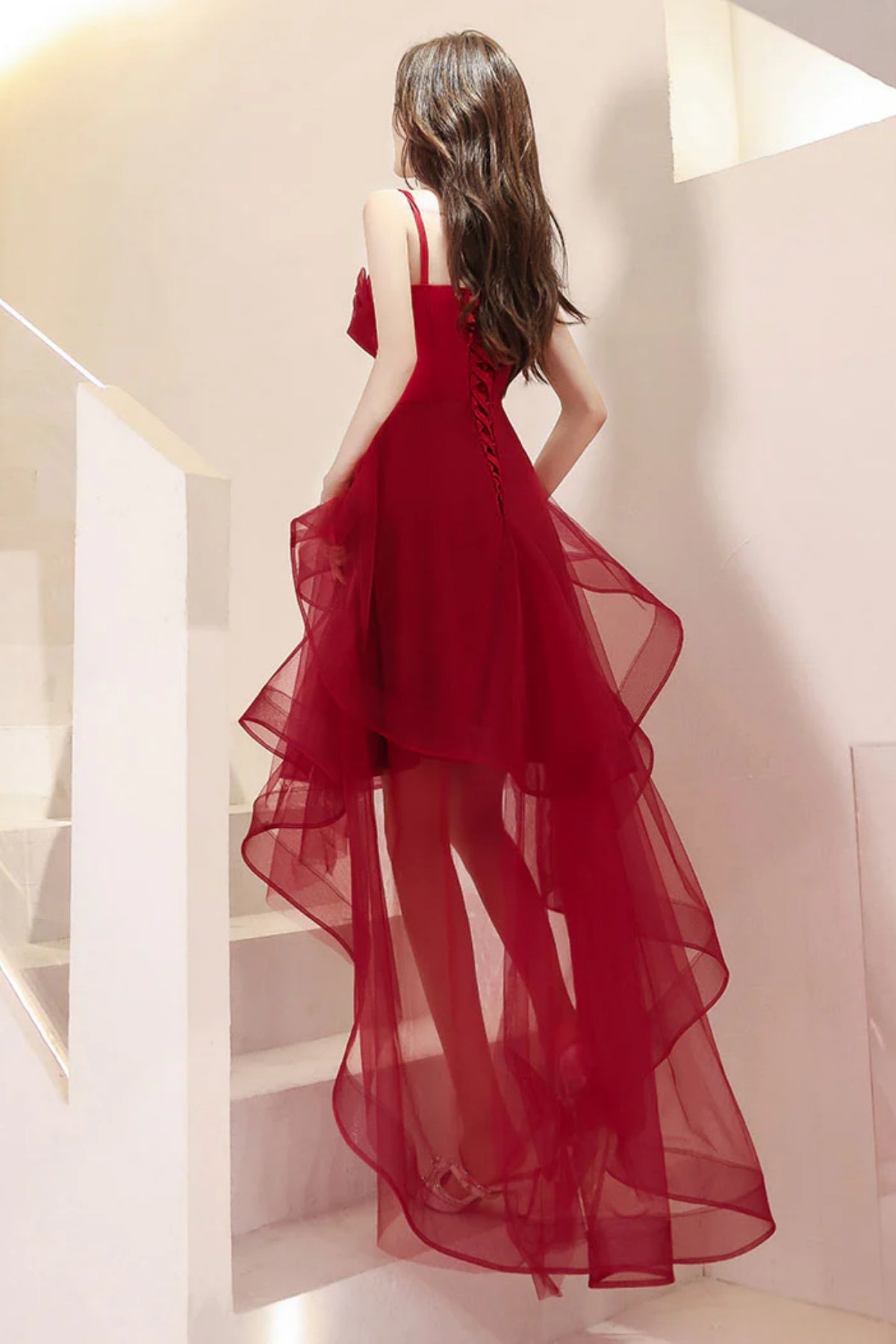 Burgundy High Low Tulle Prom Dresses, Wine Red Short High Low Formal Homecoming Dresses