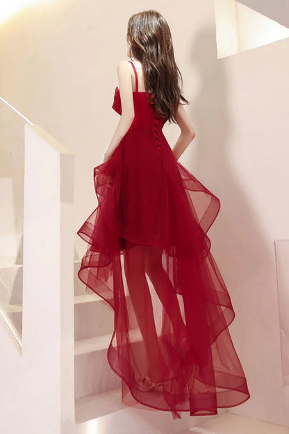 Burgundy High Low Tulle Prom Dresses, Wine Red Short High Low Formal Homecoming Dresses